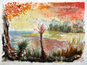 Aquarell: Wasser, Sonnenuntergang, Regen